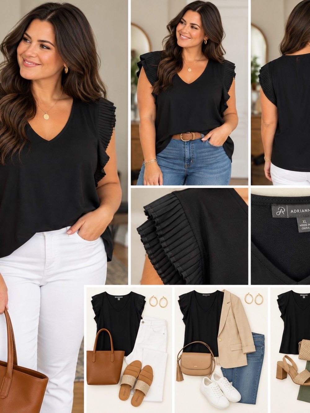 Adrianna Papell Black V-Neck Top with Pleated Cap Sleeves